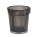A black mesh trash can with a black plastic garbage bag liner inside.