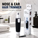 Product display of the black and silver nose hair trimmer against a clean, simple background.