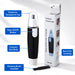 Angled view of the personal grooming device for ear and nose hair by Calm & Curl, in black and silver.
