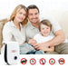 White and black pest repeller with a grey button in front of a smiling family on a sofa, with pest icons below.