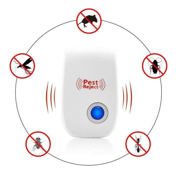 White and black pest repeller with a blue indicator light, surrounded by a circular graphic of various pests with red
