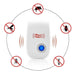 White and black pest repeller with a blue indicator light, surrounded by a circular graphic of various pests with red