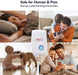 White and black pest repeller with a blue indicator light, centered among four images of people and pets in a home.
