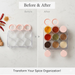 A 'Before & After' image showing an empty 8-jar spice rack next to the same rack filled with various spices.