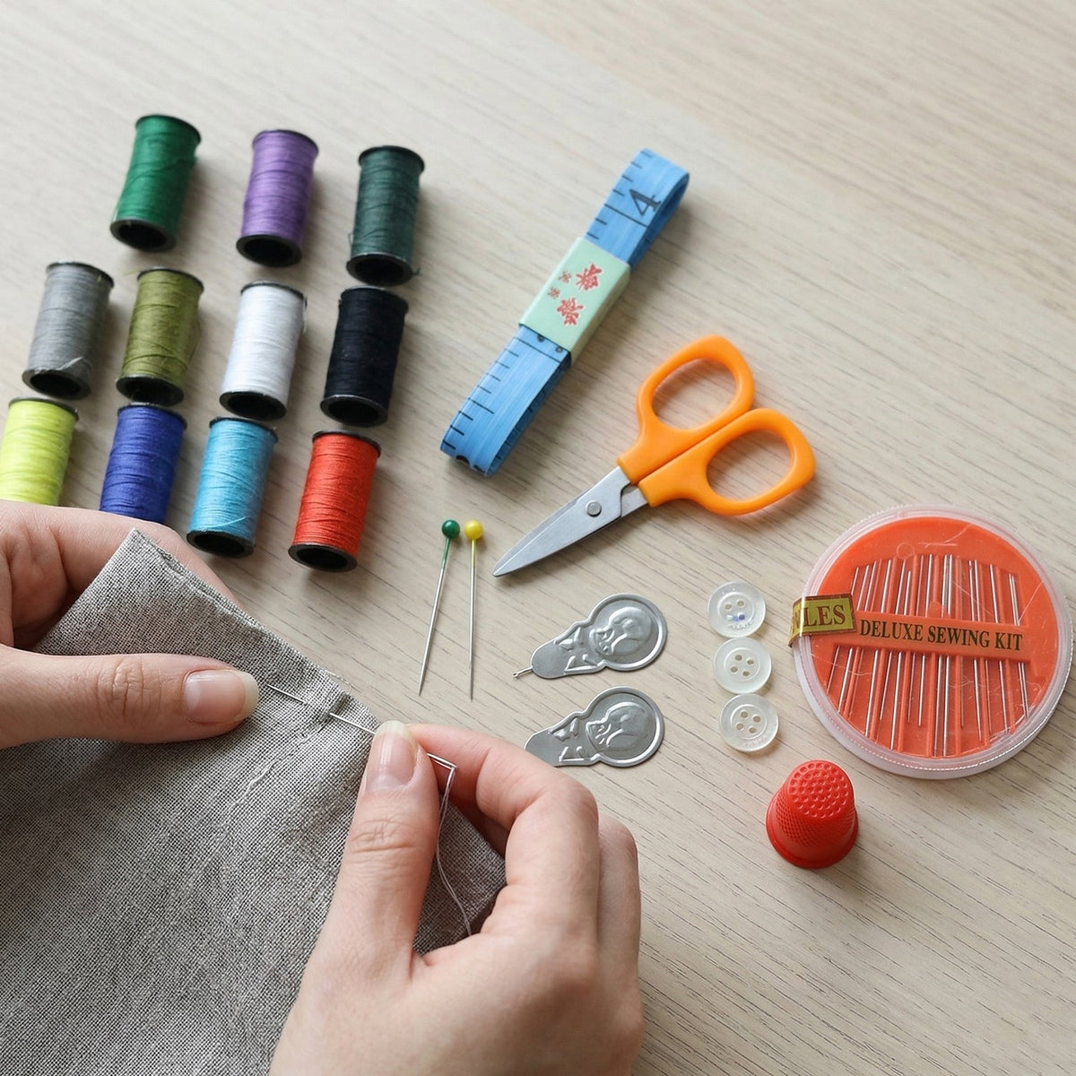 Hands are shown sewing a gray fabric swatch, surrounded by colorful thread spools, orange scissors, pins, and a measuring