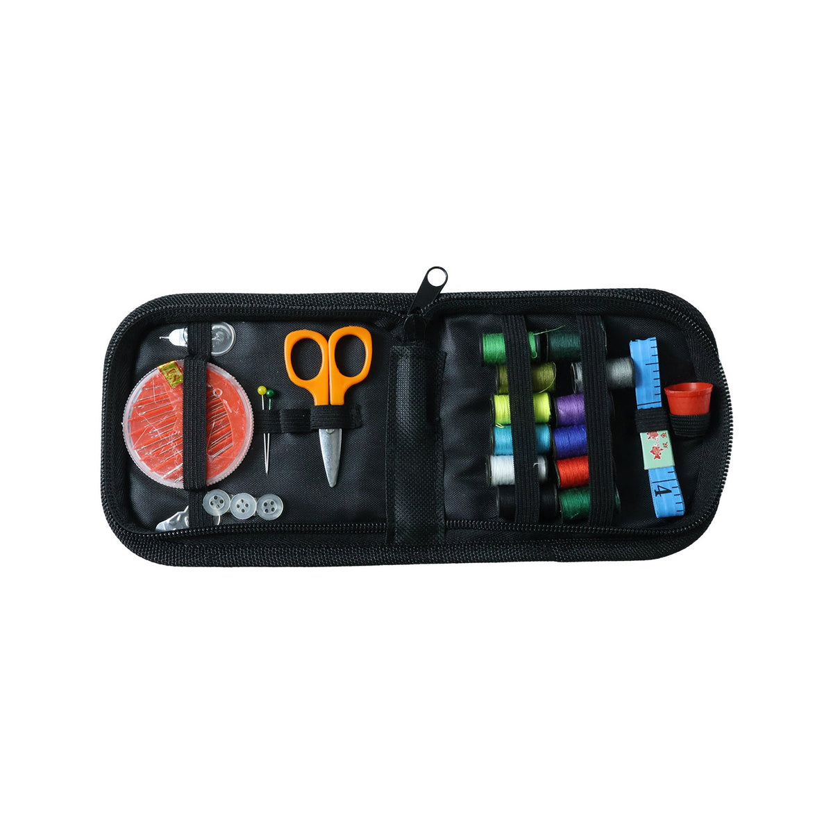An open black zippered sewing kit, containing colorful threads, orange scissors, and other sewing essentials, is displayed
