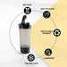 A grey and black shaker bottle is surrounded by icons highlighting its BPA-free, easy-to-clean, recyclable, leakproof, and
