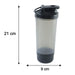 A grey and black shaker bottle with dimensions of 21 cm height and 9 cm width on a white background.