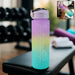 Front view of the Motivational Water Bottle with time markers and a vibrant design.
