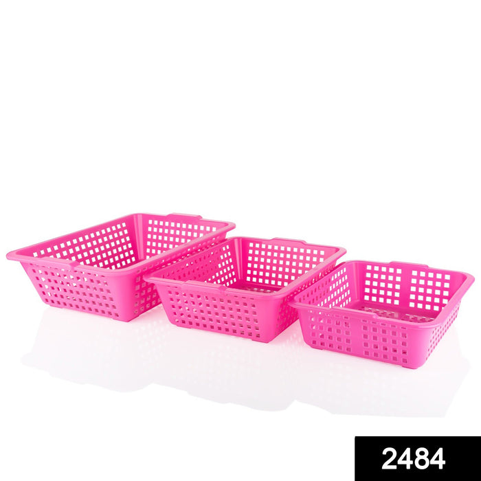 Multiple size plastic fruit baskets, styled to organize fresh produce.