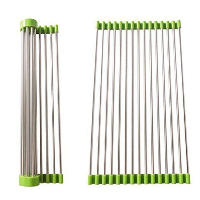 Stainless steel kitchen sink drain rack, extended over a sink for drying dishes.