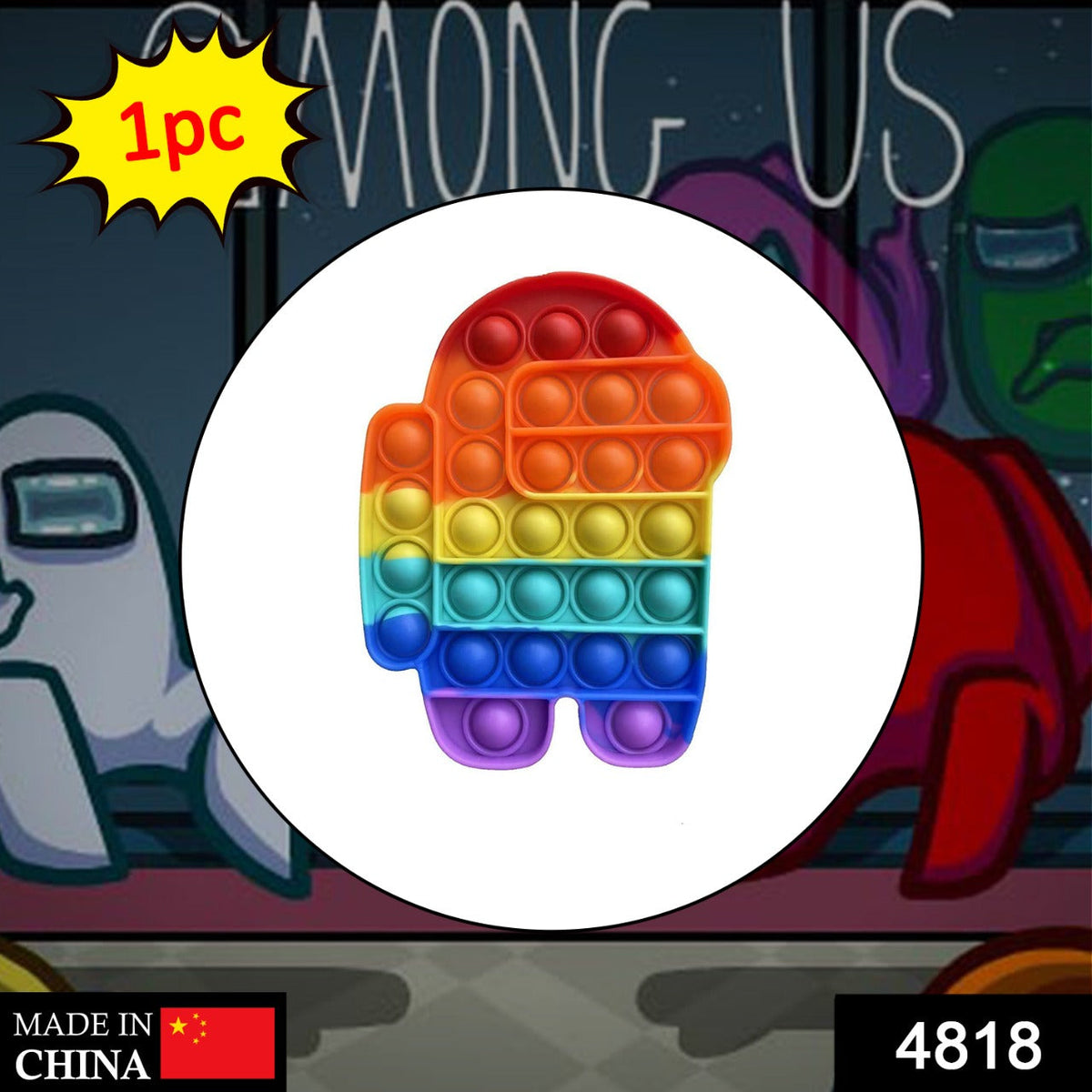A rainbow Among Us character pop-it fidget toy is centered over a blurred background of Among Us characters.