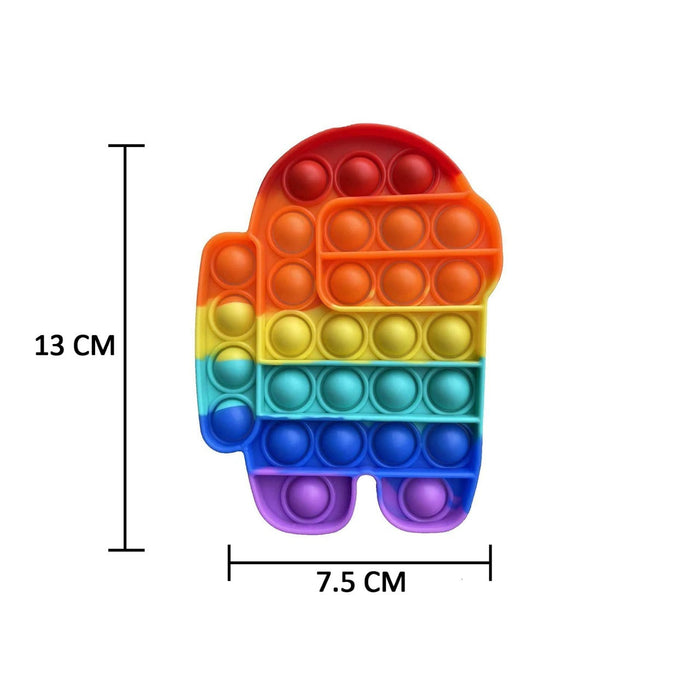 A rainbow Among Us character pop-it fidget toy with dimensions of 13 cm by 7.5 cm shown on a white background.