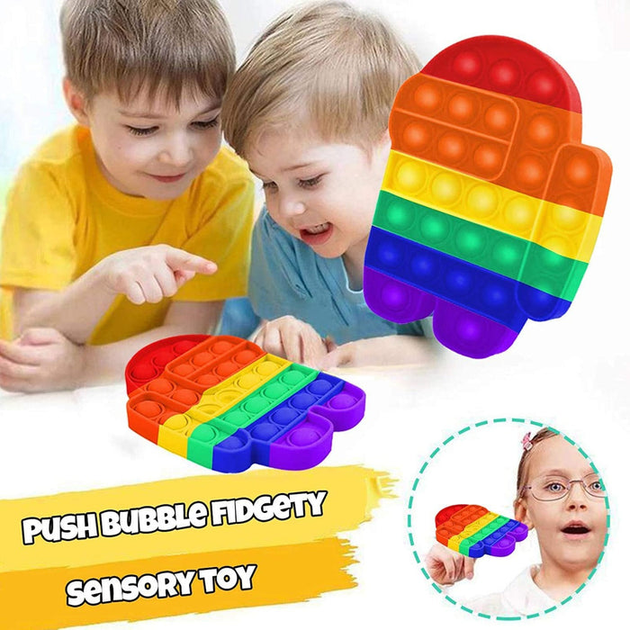 Two children look at a rainbow Among Us character pop-it fidget toy, with another toy and a girl in an inset.
