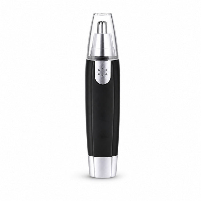 A black and silver nose hair trimmer with a clear cap stands upright on a white background.