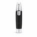 A black and silver nose hair trimmer with a clear cap stands upright on a white background.