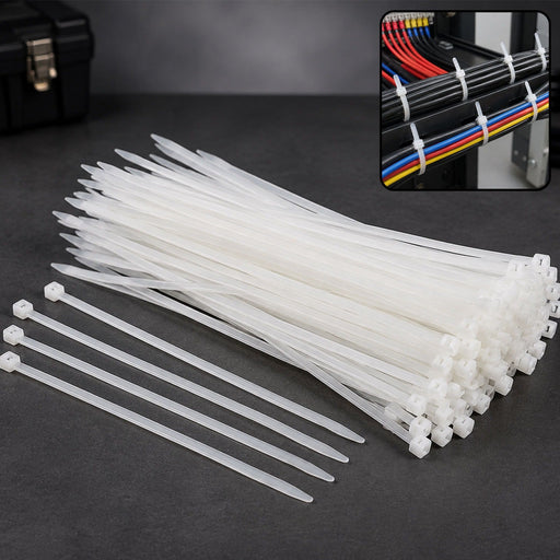 A large pile of white nylon cable ties on a dark surface, with an inset showing them organizing colored wires.