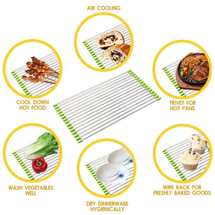 CookAura portable roll-up dish drying rack, shown in a modern kitchen setting.