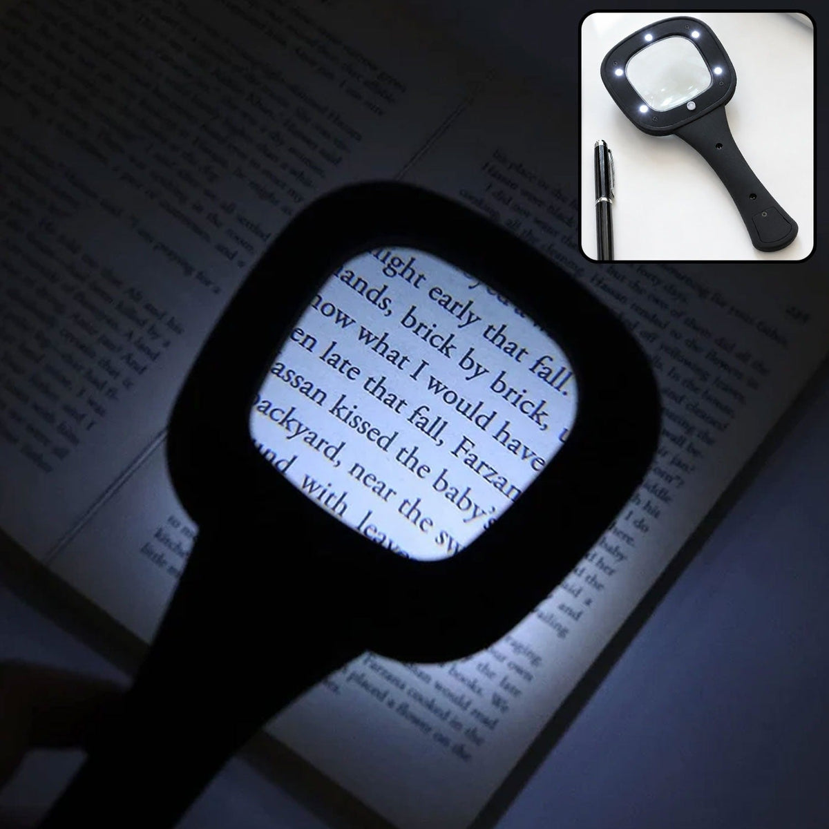 Black handheld magnifying glass with six LED lights illuminating text on an open book. Inset shows the magnifier and a pen.
