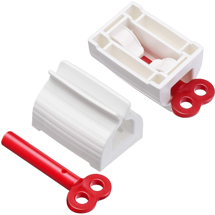 Two white plastic tube squeezers and a detached red winding key are displayed on a white background.