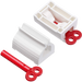 Two white plastic tube squeezers and a detached red winding key are displayed on a white background.