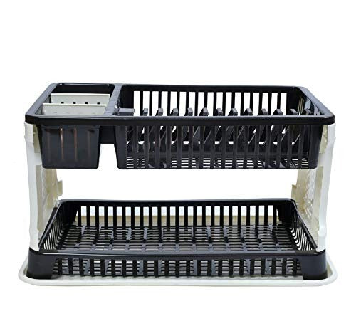 A front view of a black and white two-tier dish drying rack with a utensil holder.