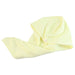 A yellow microfiber hair drying wrap towel with a white button is folded on a white background.