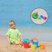 Full view of the 6-piece beach sand castle toy set laid out.