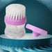 Multicolour plastic wash basin brush cleaner with liquid soap dispensing feature.
